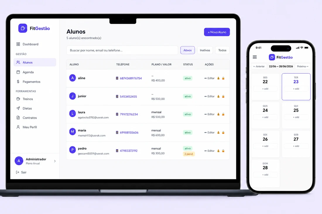 Painel do FitGestão no laptop e no celular — lista de alunos e agenda semanal